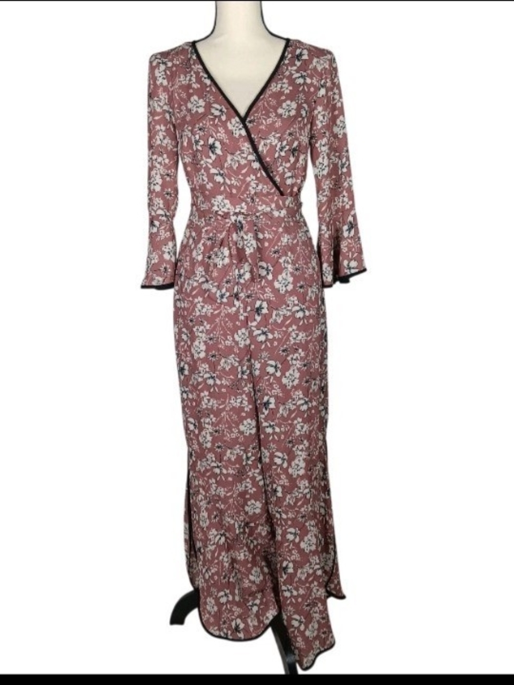Lily Black Boho Dusty Rose Floral V-Neck Bell Sleeves Wrap Jumpsuit, Small